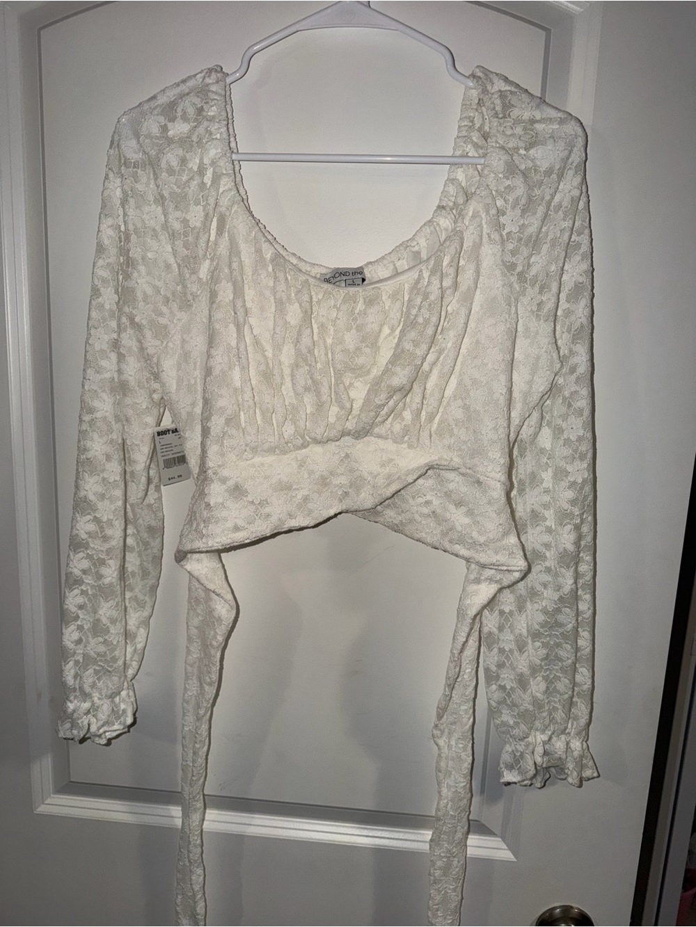 Crop Top Lace Tie-Around Long Sleeve Top - White